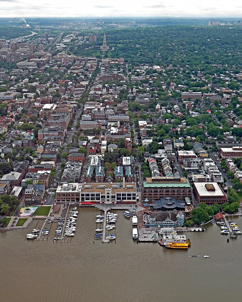 Old Town Alexandria's waterfront and street grid from above